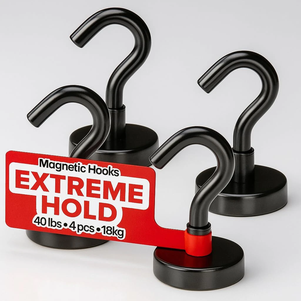 Magnetic Hooks 40lbs/18kg (Pack of 4 Black) - Heavy Duty Neodymium Hooks for Outdoor & Backyard Use - Strong Rare Earth Magnets for Cruise Cabins - Magnet Hook for Kitchen & Refrigerators