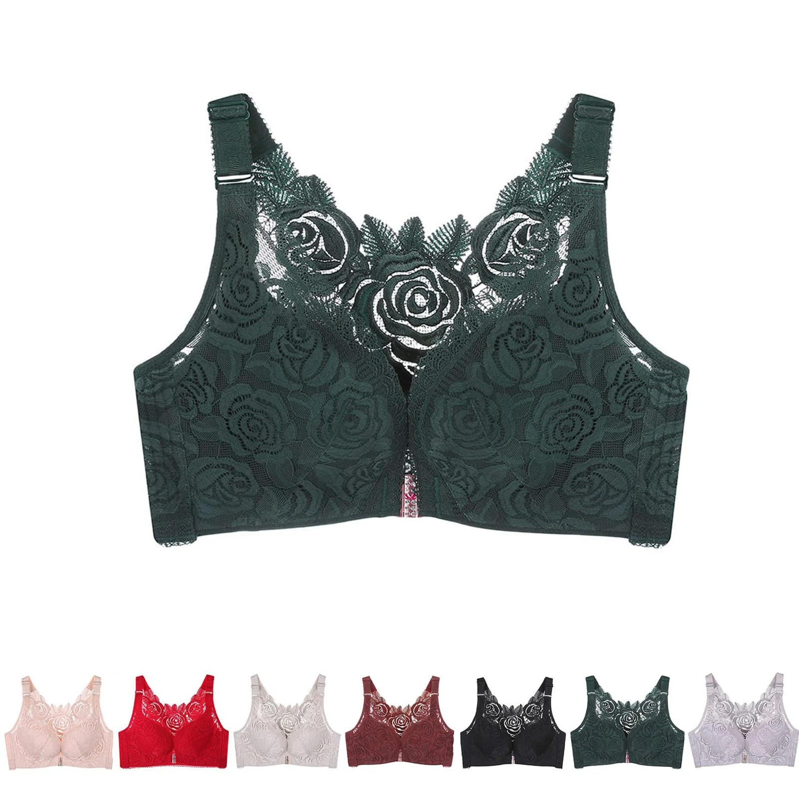 BDROX Floral Secrets Comfort Rose Bra,Seamless Front Closure Lace Butterfly Daily Bras,Women's Front Closure Bra (Green,38/85C)