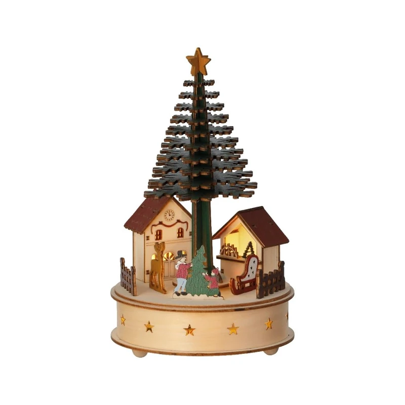 Lumineo LED Wooden Village Tree Scene 25cm Tall Musical Warm White LED Rotating Tree