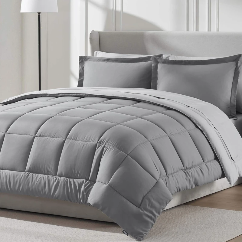 Nestl Queen Comforter Set 7 Piece - Reversible Comforters Queen Size Grey, Bed in a Bag Queen All Season, Queen Size Comforter Sets Bedding with Flat Sheet and Fitted Sheet, Pillowcases and Shams