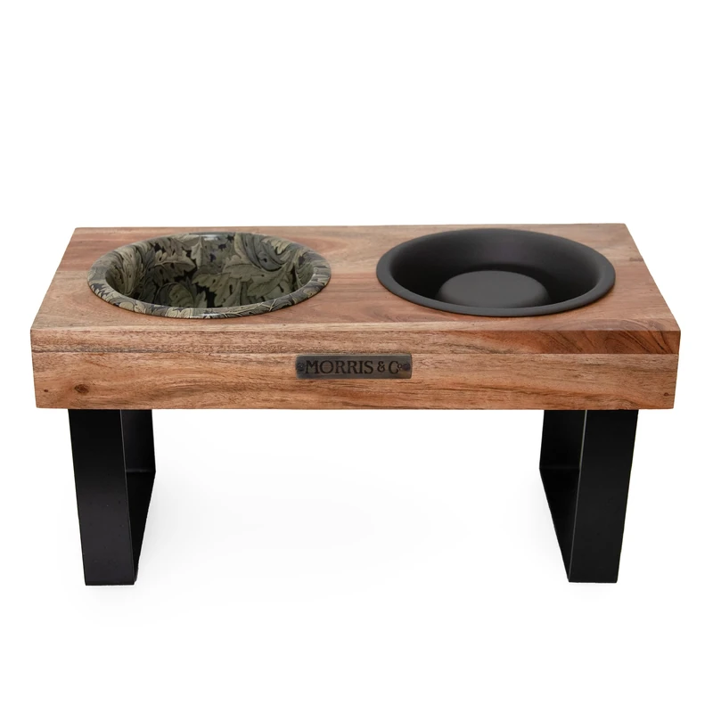 Rosewood x Morris & Co Acanthus Raised Double Dog Bowl – Luxury Slow Feeder Feeding Station for Medium Dogs, Elevated Food & Water Dishes, Anti-Gulp Design, William Morris Print Pet Dining Set