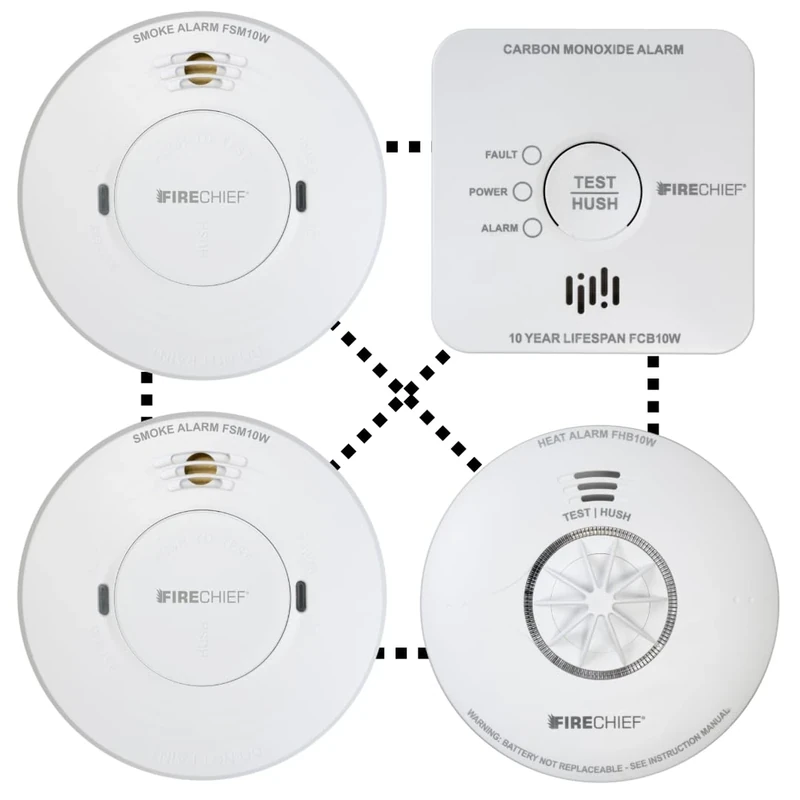 Interlinked Mains Smoke Alarm Pack - Compatible with Regulation in Wales - 2 x Mains Smoke, Heat Alarm, Carbon Monoxide Alarm - 2 Storey