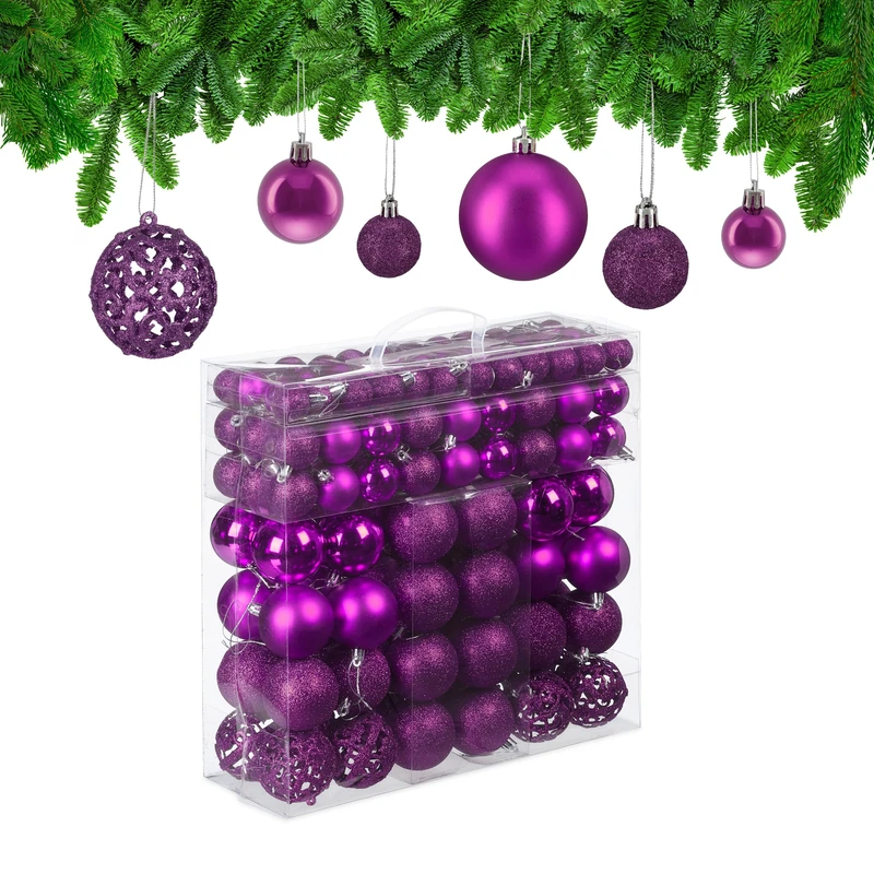 Relaxdays Christmas Baubles 150, Glittering, Matt & Shiny Surfaces, Tree Ornaments, Plastic, ∅ 3, 4 & 6 cm, Violet, 150er Set - Image 1