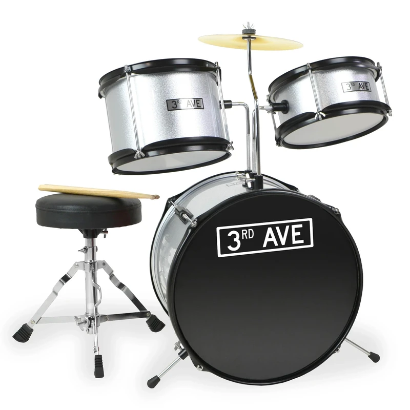 3rd Avenue Junior Kids Beginner Drum Kit, 3-Piece Drum Set with Cymbal, Stool & Sticks in Silver - FREE 6 Month Lessons