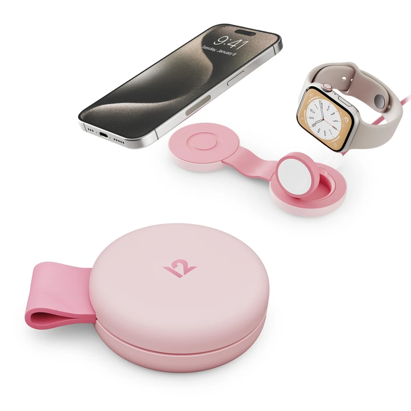 Twelve South Butterfly SE 2-in-1 Qi2 USB-C MagSafe Charging Station (Not Wireless) – Travel Charger for iPhone 15/14/13/12, Apple Watch, AirPods Pro – Portable Charging Stand for Apple Devices, Pink