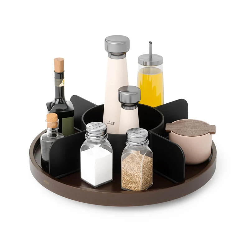 Umbra Bellwood Lazy Susan Divided Tray Organizer for Pantry Spices and More, Made of Durable Plastic and Wood, Black/Walnut