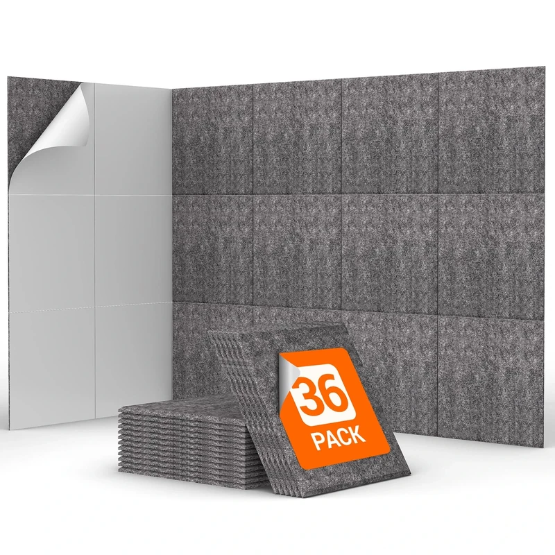36 Pack Sound Proofing Panels Self-adhesive, TONOR 30x30x0,9cm Square Acoustic Wall Absorbing Panels, High Density Insulation Treatment Soundproofing Panels for Recording Studio, Home, Offices, Grey