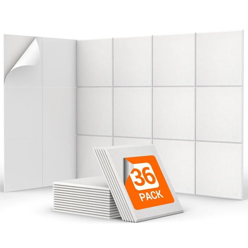 36 Pack Sound Proofing Panels Self-adhesive, TONOR 30x30x0,9cm Square Acoustic Absorbing Panels for Wall, High Density Insulation Soundproofing Panels for Recording Studio, Game Room, Offices, White