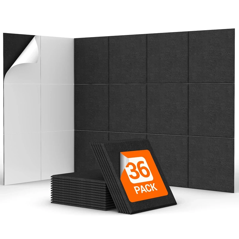 36 Pack Sound Proofing Panels Self-adhesive, TONOR 30x30x0,9cm Square Acoustic Absorbing Panels for Wall, High Density Insulation Soundproofing Panels for Podcast Studio, Living Room, Offices, Black