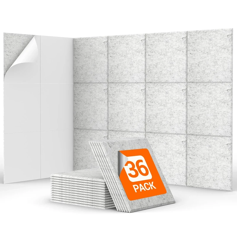 36 Pack Sound Proofing Panels Self-adhesive, TONOR 30x30x0,9cm Square Acoustic Absorbing Panels for Wall, High Density Insulation Soundproofing Panels for Podcast Studio, Living Room, Light Gray