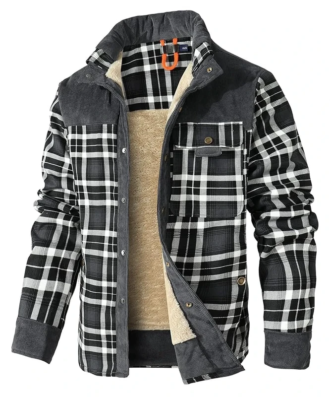 HYPESTFIT Mens Jacket Flannel Fur Lined Button Warm Lumberjack Fleece Padded Long Sleeve Casual Gray L