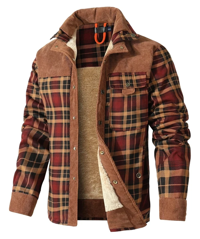 HYPESTFIT Mens Jacket Flannel Fur Lined Button Warm Lumberjack Fleece Padded Long Sleeve Casual Brown L