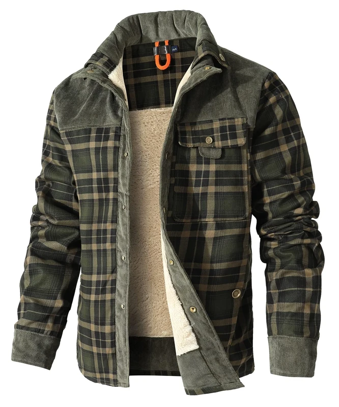 HYPESTFIT Mens Jacket Flannel Fur Lined Button Warm Lumberjack Fleece Padded Long Sleeve Casual Army Green M