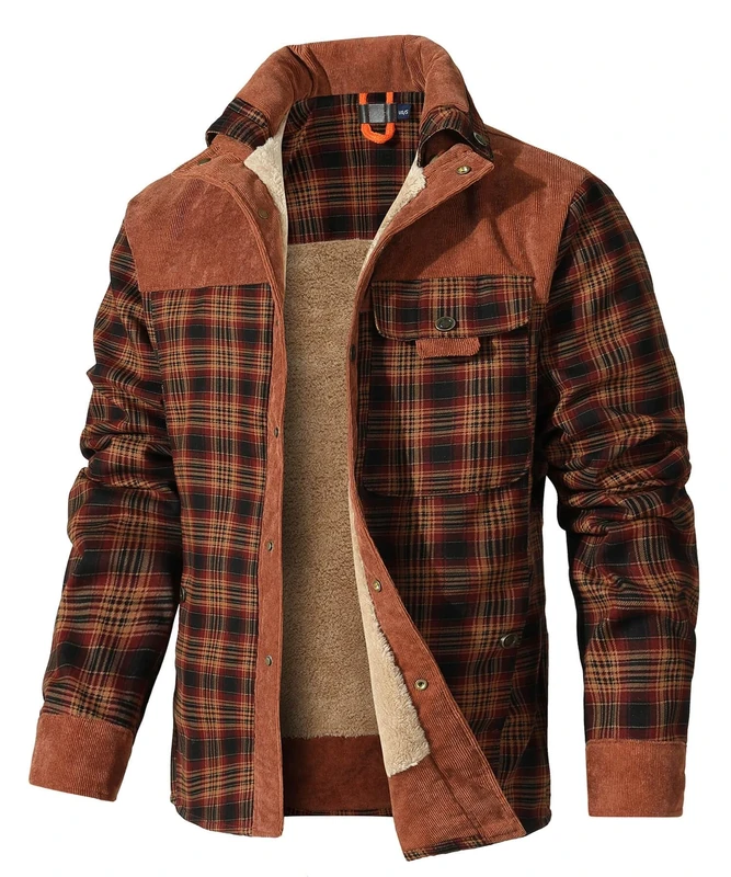 HYPESTFIT Mens Jacket Flannel Fur Lined Button Warm Lumberjack Fleece Padded Long Sleeve Casual Dark Brown M