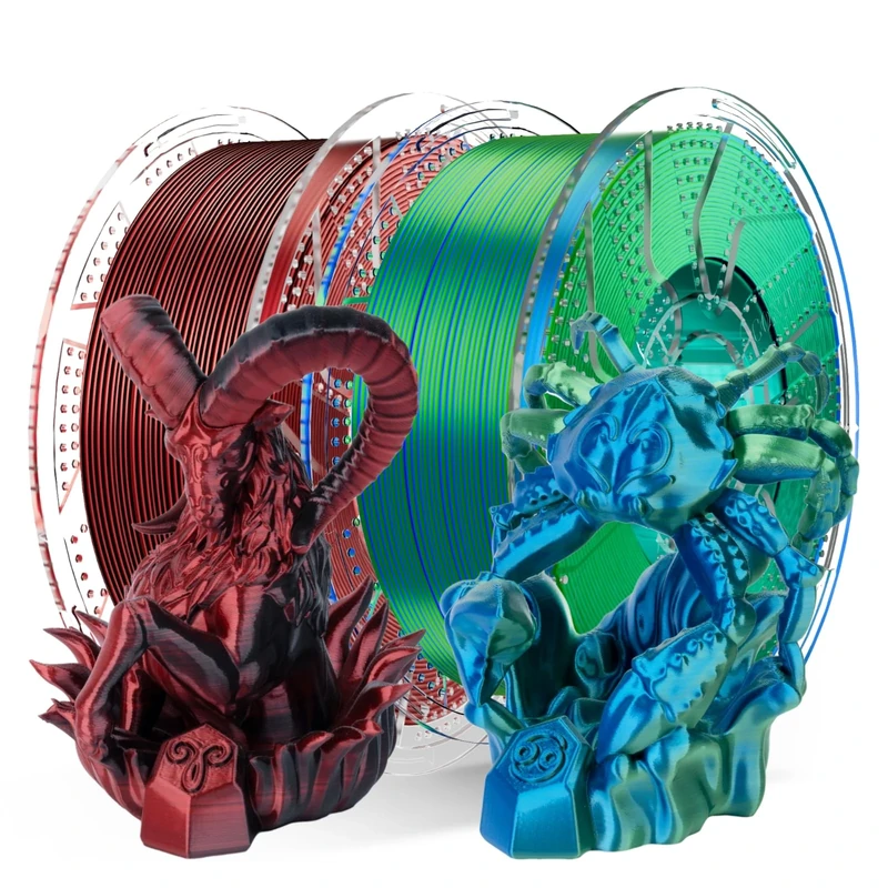 Conjure Dual Color Silk PLA Filament 1.75mm, 2KG (2x1KG Bundle), Black Red+Blue Green Co-Extrusion, +/- 0.02mm Precision, Clog-Free & High Speed Printing, Fit for Bambu Lab/Creality/Anycubic