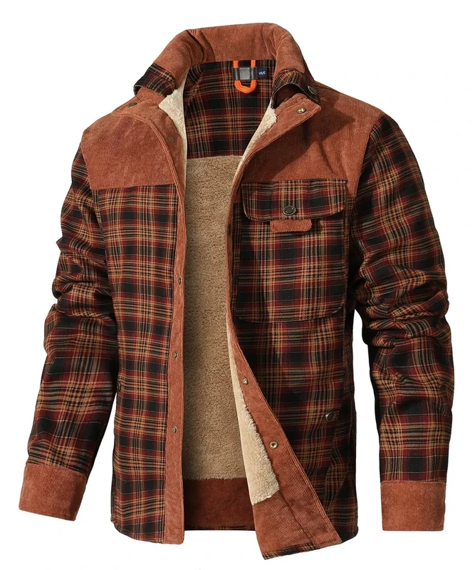 HYPESTFIT Mens Jacket Flannel Fur Lined Button Warm Lumberjack Fleece Padded Long Sleeve Casual Dark Brown S