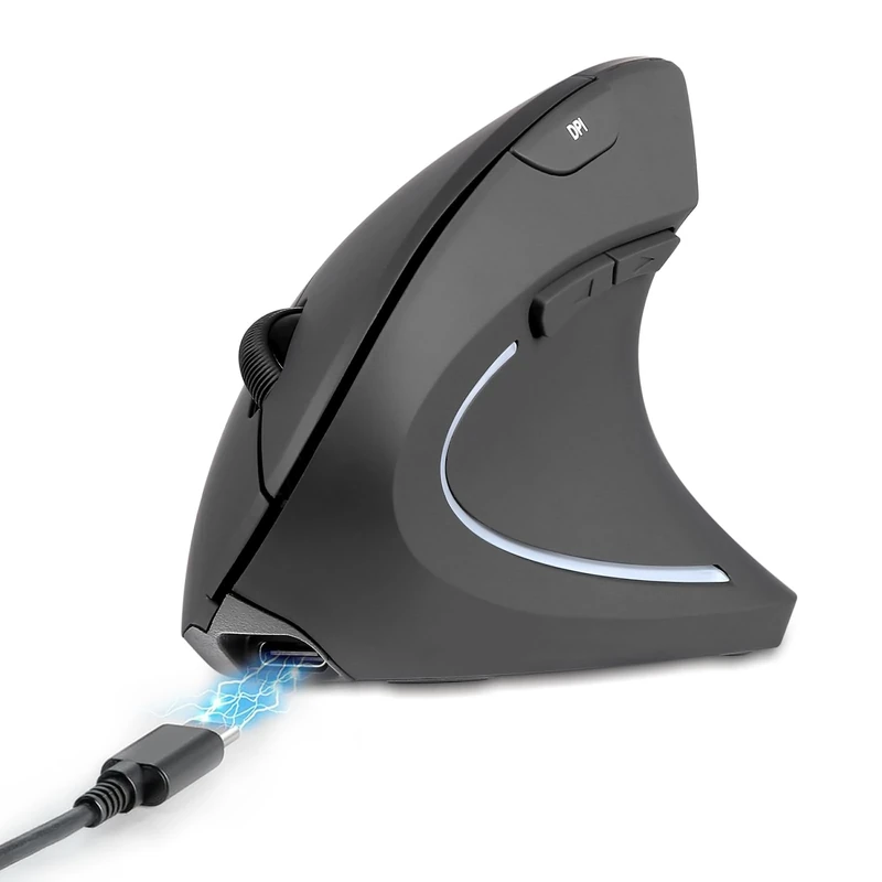 perixx PERIMICE-713R Wireless Rechargeable Vertical Mouse - Duo Wired and Wireless Charging Feature - 6 Buttons Design - Black - Right-Handed Design