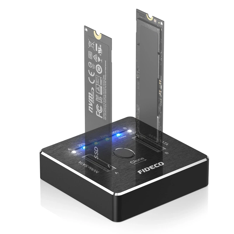 FIDECO M.2 NVMe SATA SSD Cloner Dock, USB 3.2 Gen 2, 20Gbps Dual NVMe SATA SSD Dock, NVMe SSD Cloner, Support Offline Clone, UASP and TRIM, Aluminum Design