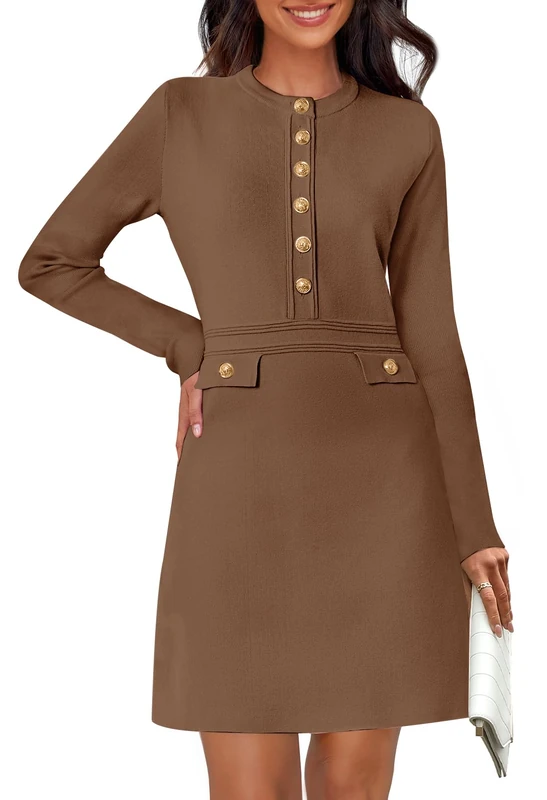 MEROKEETY Women's Long Sleeve Bodycon Sweater Dress Button Crew Neck Elegant Formal Mini Dresses, Coffee, XL - Image 1