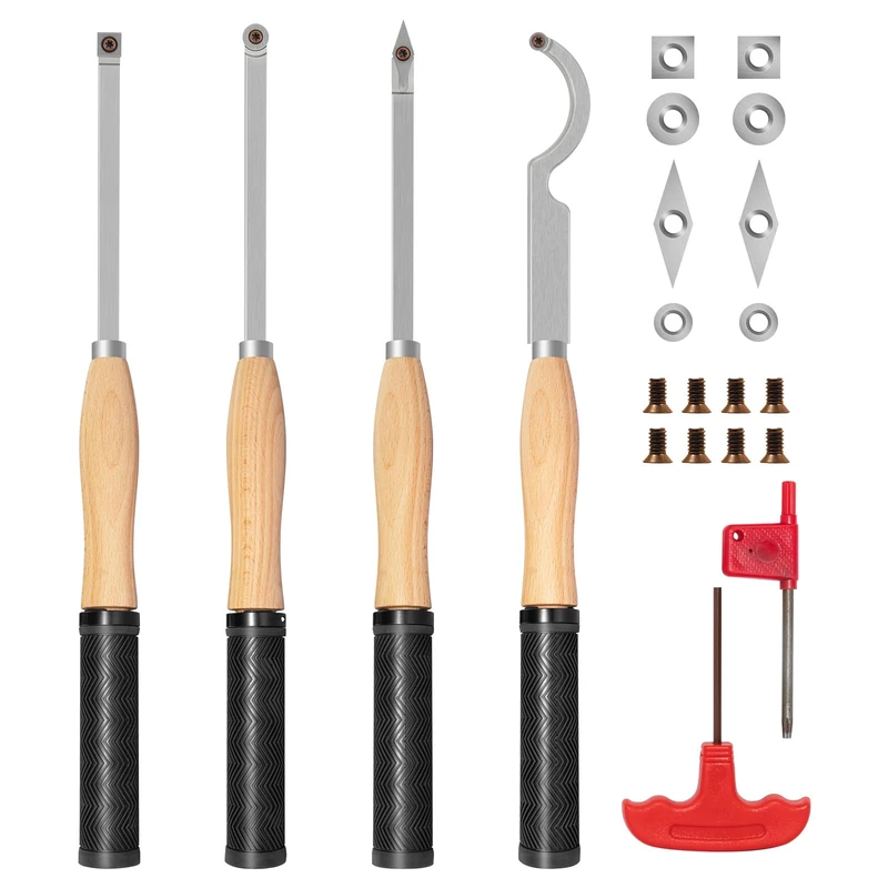 DEEFIINE 18.3" Full Size Carbide Tip Wood Lathe Turning Tool Kit, Lathe Roughing and Finishing Hollow Tool with 8pcs Diamond Round Square Carbide Inserts for Woodturning(4 Set)