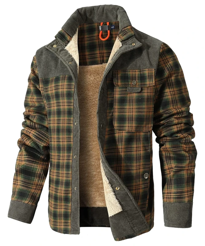 HYPESTFIT Mens Jacket Flannel Fur Lined Button Warm Lumberjack Fleece Padded Long Sleeve Casual Light Army Green S