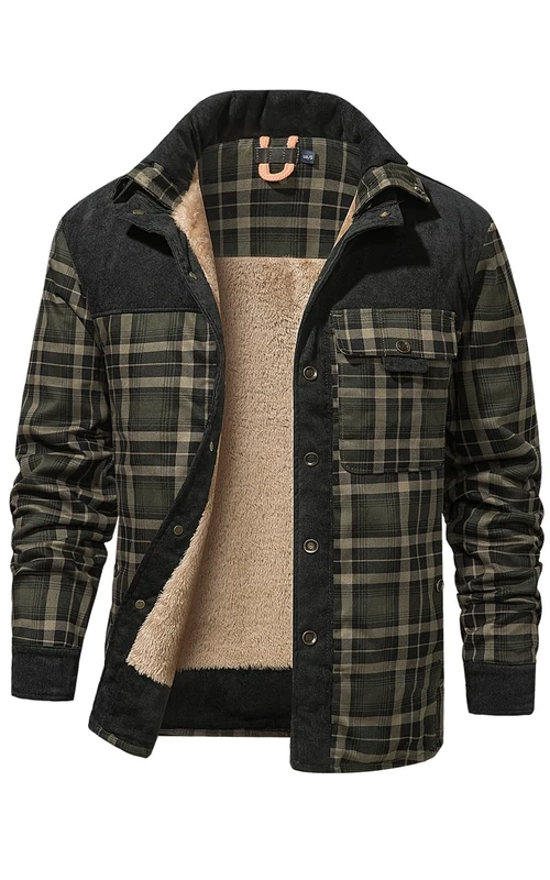 HYPESTFIT Mens Jacket Flannel Fur Lined Button Warm Lumberjack Fleece Padded Long Sleeve Casual Dark green XXL