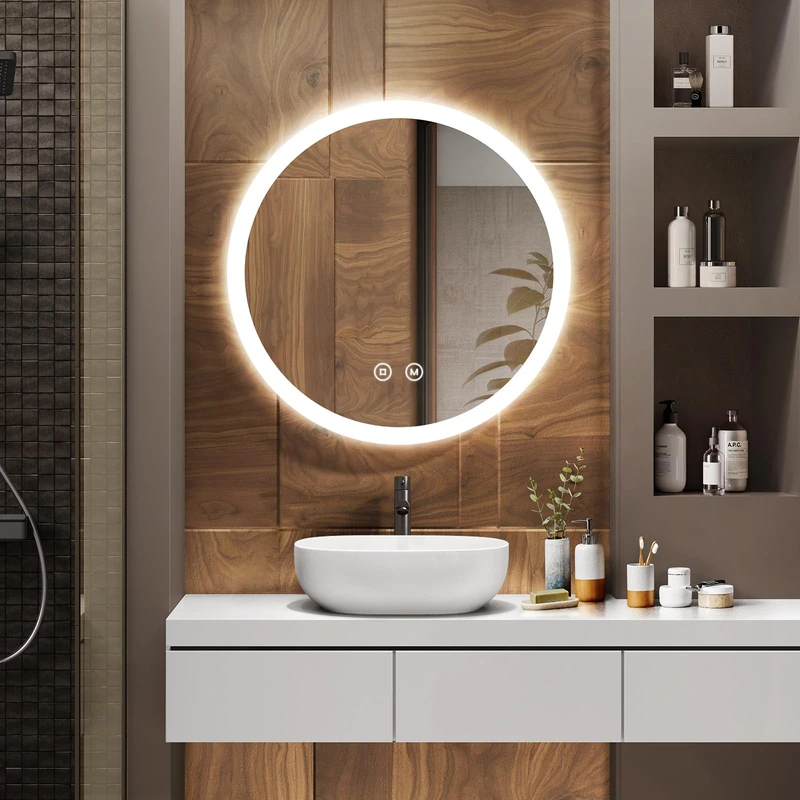 EMKE Bathroom Mirror with Lighting, Diameter 60 cm, Round Mirror with Touch Switch, Anti-fog, Memory Function, Warm Light/Cold White/Neutral