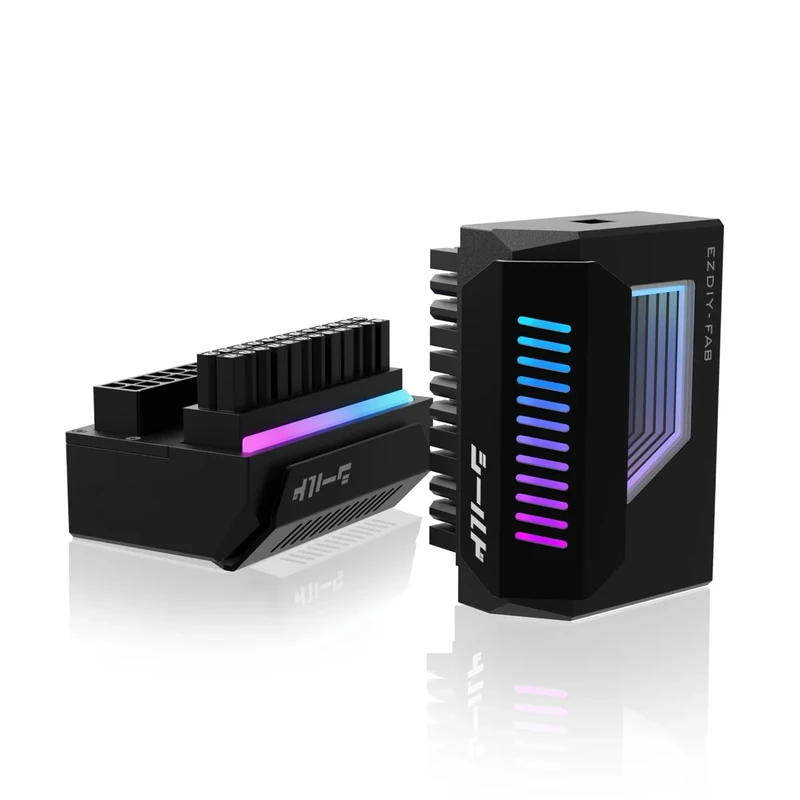 EZDIY-FAB Shield 24-Pin Angle Adapter with Infinity Mirror ARGB Light,ATX 24 Pin Power Connector, 5V 3pin ARGB Sync-180 Degree-Black-1 Pack