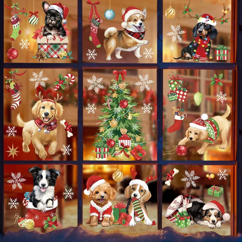 wondever Christmas Dog Puppy Window Clings Pet Dogs Christmas Tree Glass Sticker Decal Anti Collision Double-Side Static Window Decals for Glass Window Christmas Party