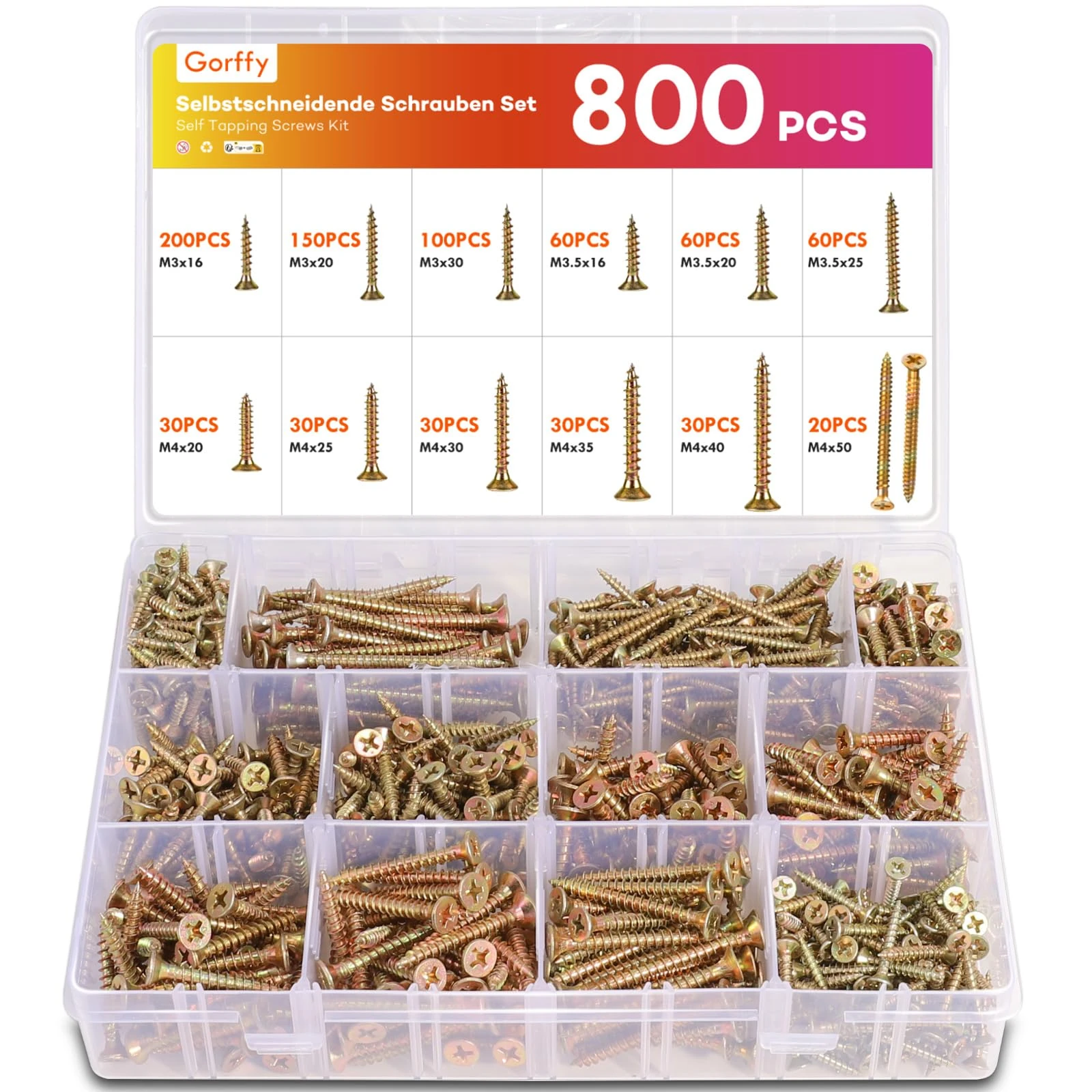 Gorffy Wood Screws, 800PCS Wood Screws Assortment, Color Zinc Self Tapping Screws, M3/M3.5/M4 Screws for Woods, Screws Set for Floorboard, Wood Fences