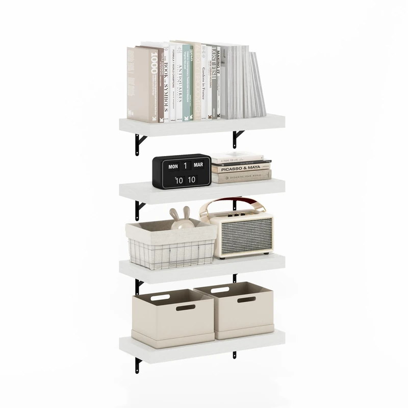 Furinno TANNA Floating Shelves for Wall Set of 4, 22-Inch Wall Shelf, Wall Mounted Shelf, for Bathroom, Home Office, Living Room, White Texture