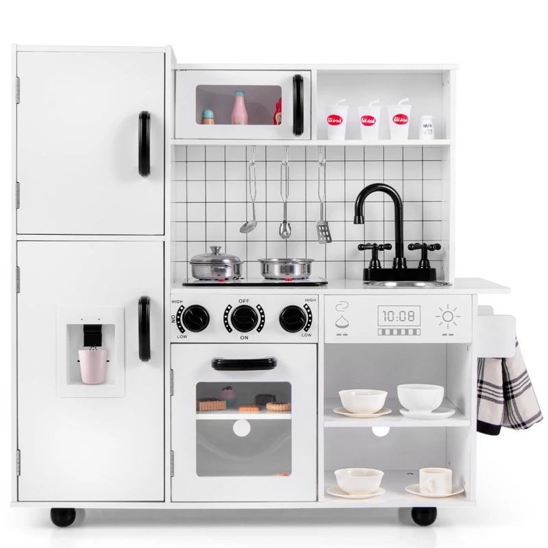 GYMAX Kids Play Kitchen, Wooden Toy Kitchen with Stoves, Sink, Lights, Sounds, Water Dispenser, Oven & Cooking Accessories, Children Kitchen Playset for 3+ Years Old (White) - Image 1