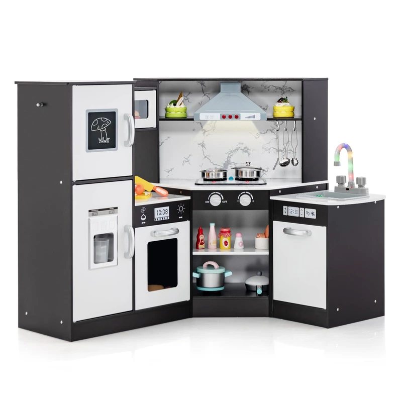 GYMAX Kids Corner Kitchen, Pretend Play Kitchen with Separated Washing Basin, Stoves, Microwave, Range Hood, Ice Maker, Chalkboard, Dish Washer, Sounds & Lights, Toy Kitchen for 3 + Years Old (Coffee)