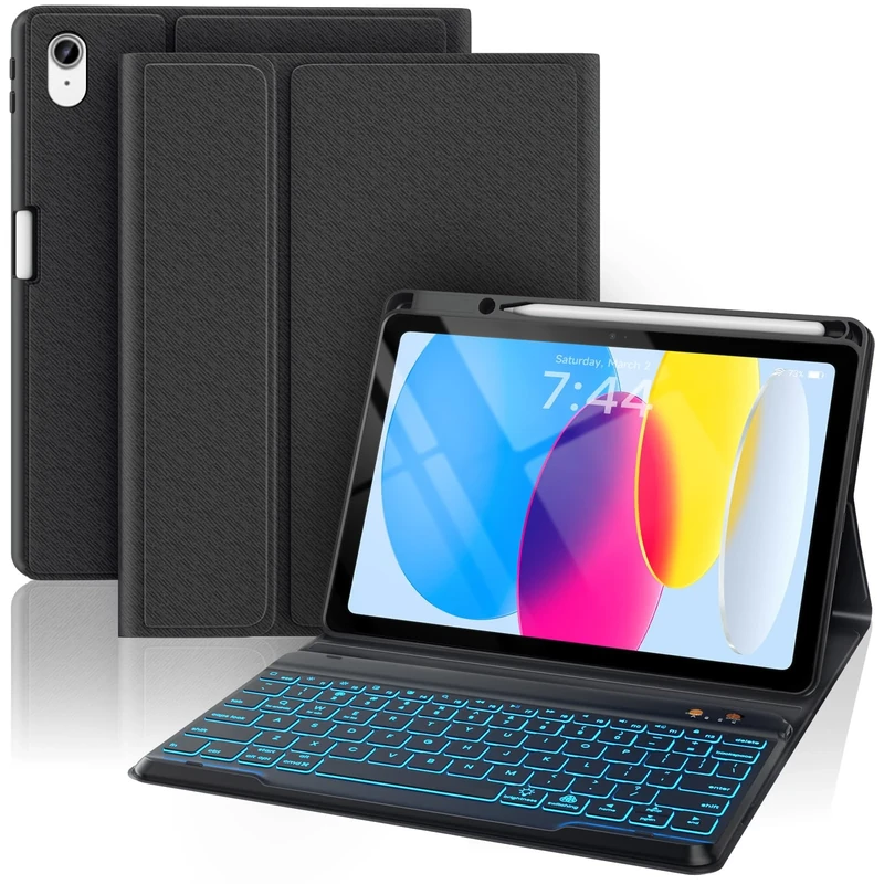 OYEEICE Anti-Falloff Keycap Keyboard Case for iPad 10th Generation 2022/A16 11th Generation 2025(10.9/11 inch), Enlarged Keycap Keyboard for iPad 11/10 Gen with 7 Color Backlit (Black, Classic Style)