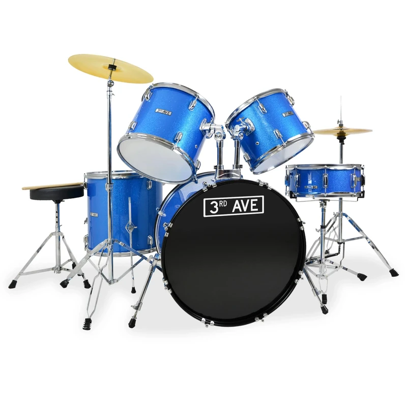 3rd Avenue Full Size Beginner Drum Kit with Cymbals Stands, Stool & Sticks - Shine Blue - FREE 6 Month Lessons