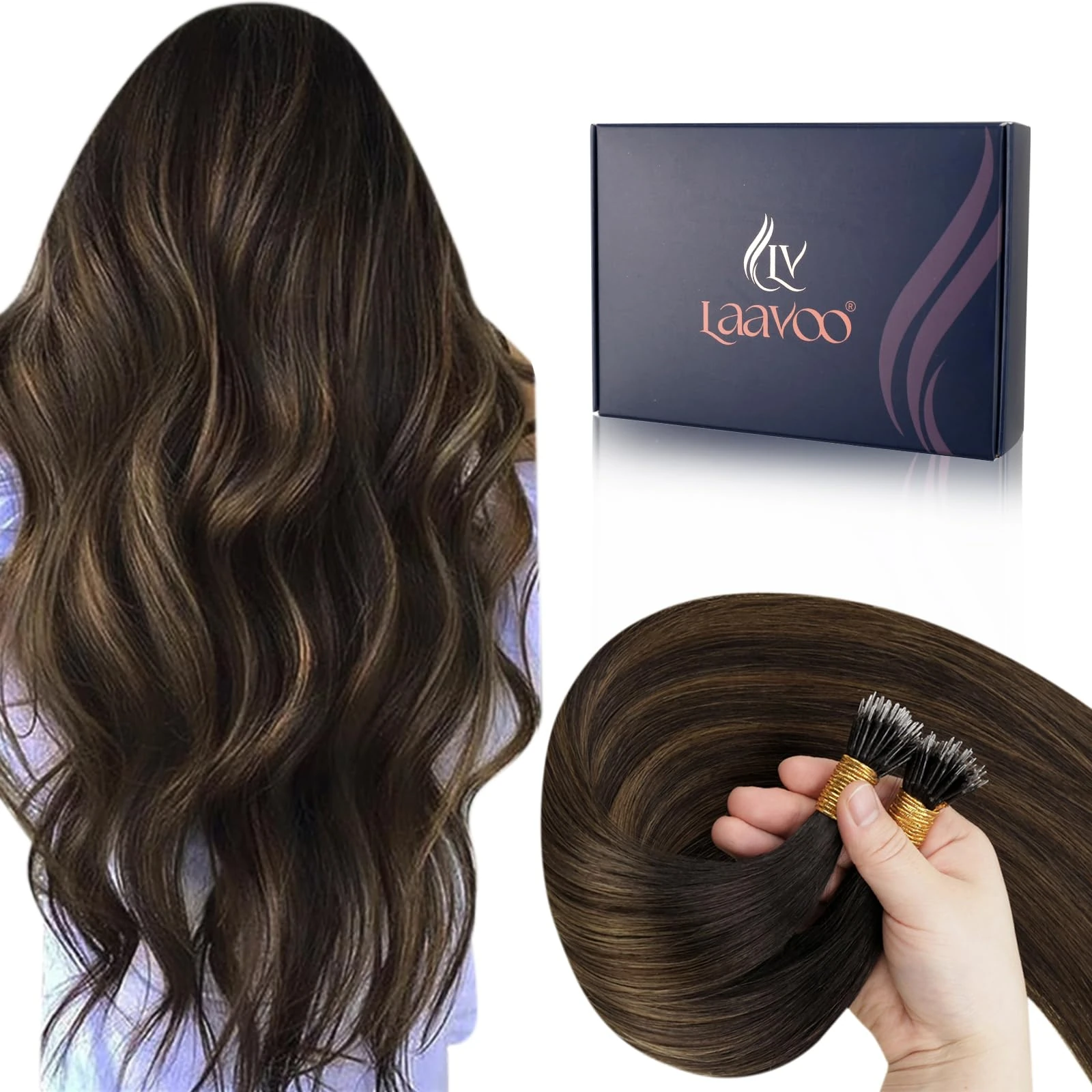 LaaVoo Nano Hair Extensions Real Human Hair Darkest Brown Nano Beads Hair Extensions Balayage Light Brown Invisible Nano Ring Straight Remy Hair 50g 50s 14 Inch #2/6/2