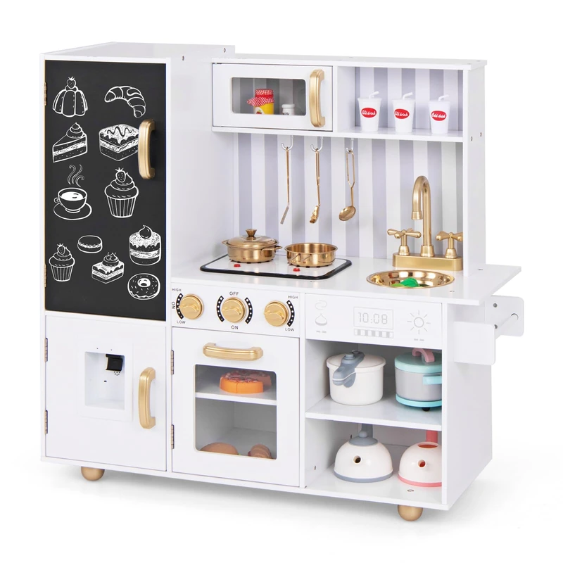 GYMAX Kids Play Kitchen, Wooden Toy Kitchen with Stoves, Sink, Lights, Sounds, Water Dispenser, Oven, Blackboard and Cooking Accessories, Children Cooking Role Playset for 3+ Years Old (White+Golden)