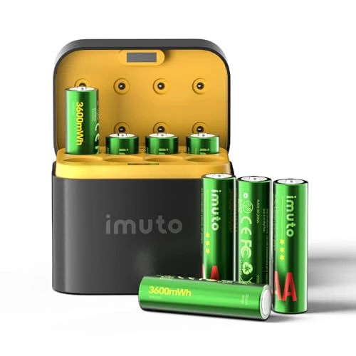 imuto Rechargeable AA Lithium Batteries with Fast Charger, 8 Pack 3600mWh Long Lasting Double A Batteries, 1.5V Constant Output AA Li-ion Batteries, Recharge up to 1200x Times (Christmas Style)