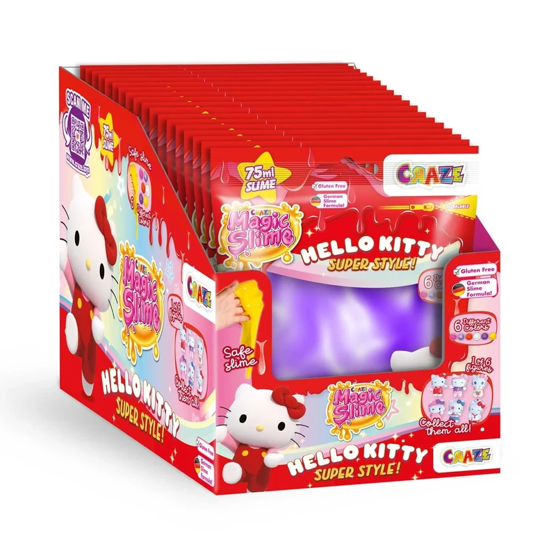CRAZE Magic Slime Bag Hello Kitty: 18 Pack Kids Slime, 75ml Each, 6 Colors, Non-Toxic, No Residue Slime Set for Children, Purple, Orange, Yellow, White, Pink, Purple, Violet