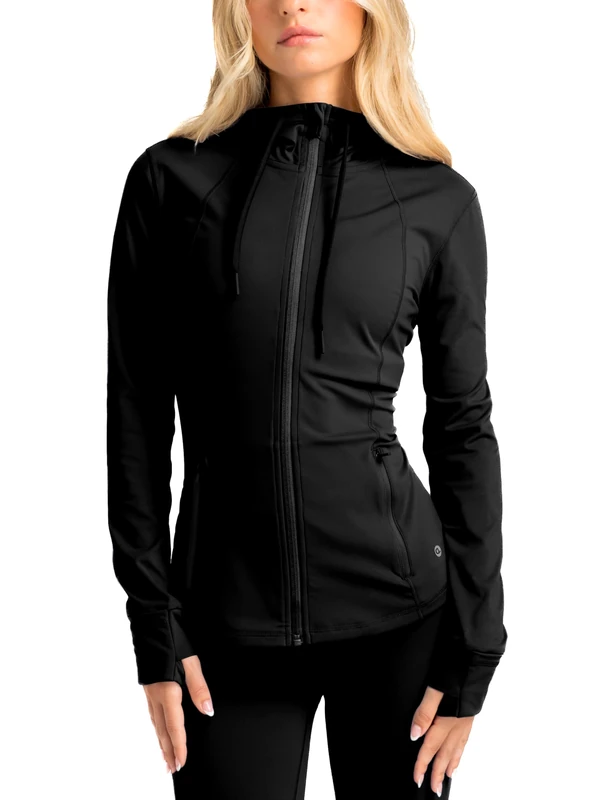 Aruki Women’s Soft Athletic Jacket – Slim Fit Casual Full-Zip Hoodie, Lightweight Long Sleeve Jacket with Thumb-holes for Running, Workouts, Yoga – Jet Black – XLarge