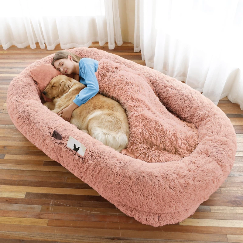 Human Dog Bed, 71''x45''x12'' Size Fits You and Pets, Washable Faux Fur Pet Bed for People Doze Off, Napping Orthopedic Dog Bed, Present Plump Pillow, Blanket, Strap - Pink