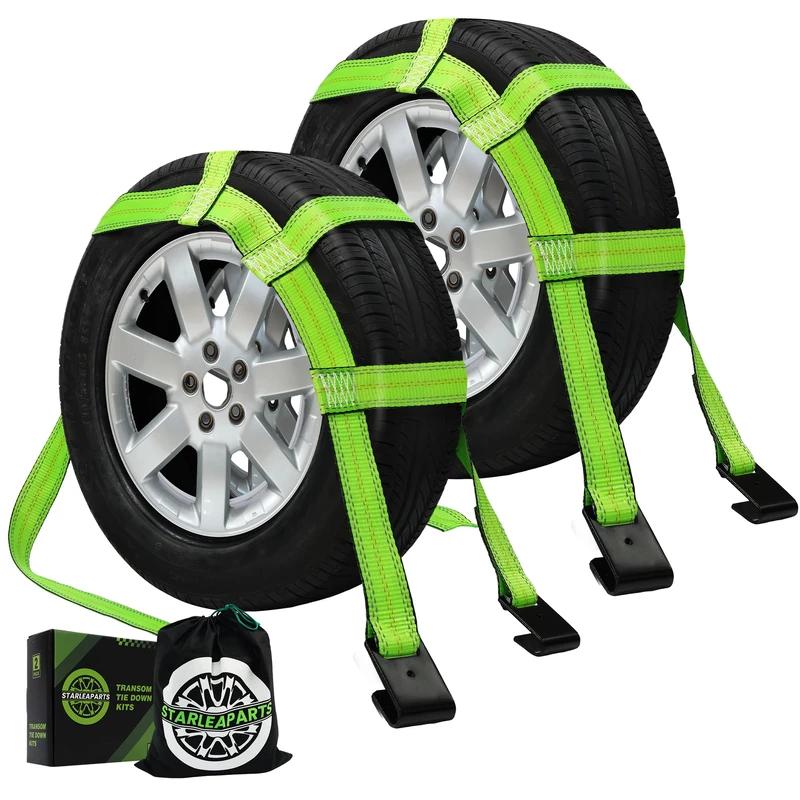STARLEAPARTS Tow Dolly Straps, 2 Pack Tow Dolly Basket Straps with Flat Hook, Car Dolly Straps, 10,000 lbs Breaking Strength, Tire Bonnet with Carrying Bag Fits Most 14"-17" Tires (Green)