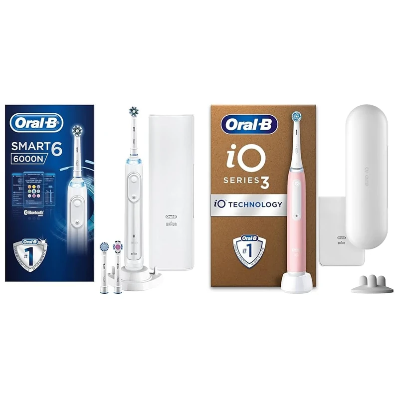 Oral B Electric Toothbrush Bundle, 1x Smart 6 White Handle, 1x iO3 Pink Handle