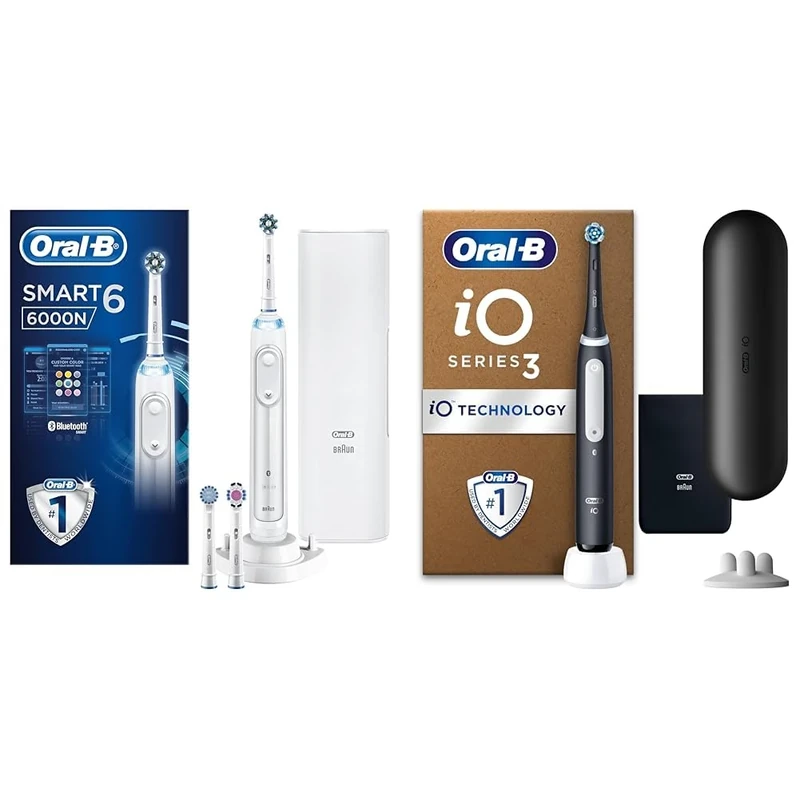 Oral B Electric Toothbrush Bundle, 1x Smart 6 White Handle, 1x iO3 Black Handle