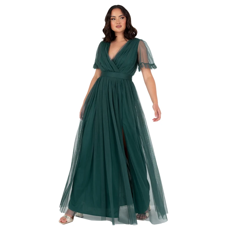Anaya with Love Ladies Maxi Dress for Women V Neckline Short Sleeve Frilly Long Empire Waist for Wedding Guest Bridesmaid Maid of Honour, Emerald Green 6