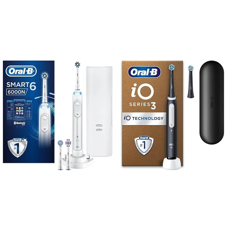 Oral B Electric Toothbrush Bundle, 1x Smart 6 White Handle, 1x iO3 Black Handle - Image 1