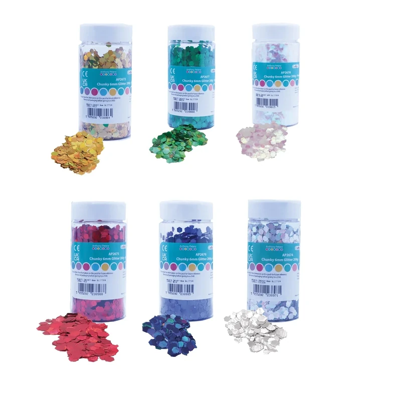 Chunky Glitter | 6mm Hexagon Glitter | 200 Grams tub | Shaker lid Easy Pouring | Glitter Art | Pack of 6