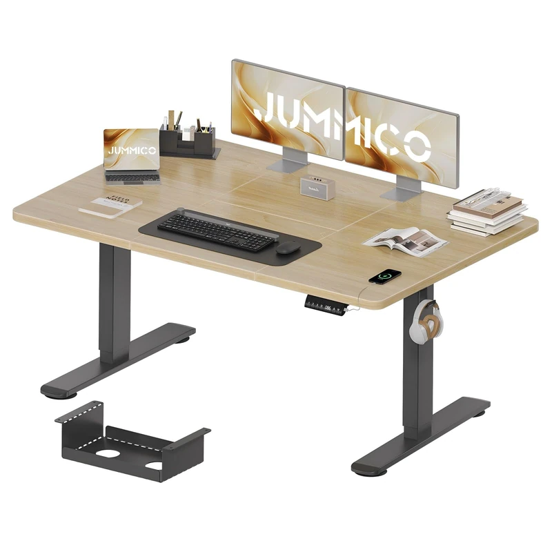 JUMMICO Height-Adjustable Desk 140 x 70 cm with Cable Tray, Height-Adjustable Electric Standing Desk with USB Socket, Computer Desk, Ergonomic Standing Seat Table, Office Table, Beige