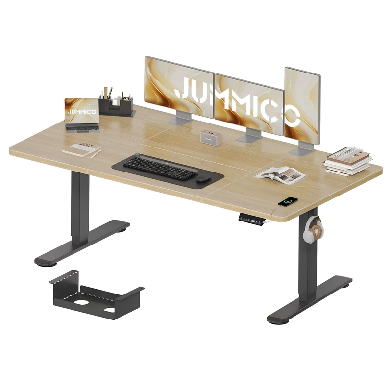 JUMMICO Height-Adjustable Desk 180 x 80 cm with Cable Tray, Height Adjustable Electric Standing Desk with USB Socket, Computer Desk, Ergonomic Standing Seat Table, Office Table, Beige