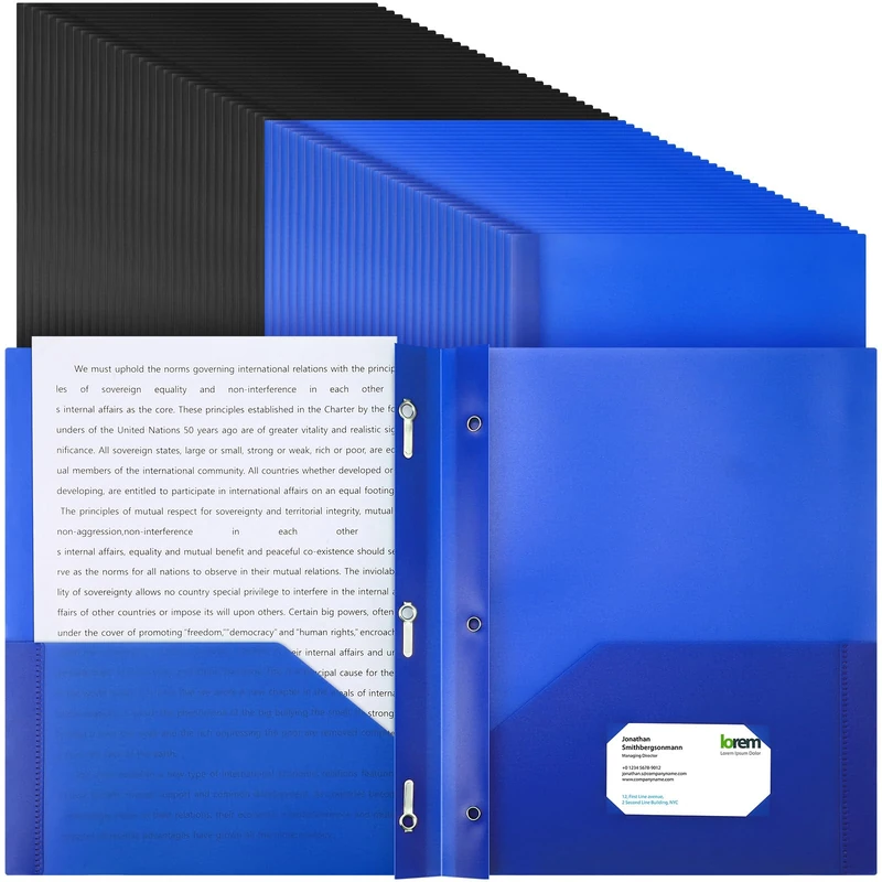 Cholemy 72 Packs Pocket Folders with Prongs Heavy Duty Plastic Folder with Business Card Slot with 3 Prong Fasteners for School Office(Black, Blue)